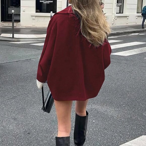 Burgundy Casual Women's Elegant Lapel oversized button down coat - Picture 2 of 6
